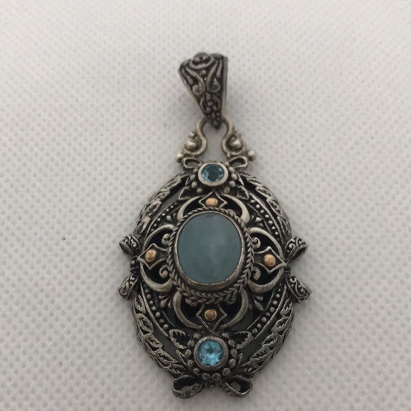 Vintage Sarda Artisan 18K Sterling silver Aquamarine and Blue Topaz Pendant - Picture 4 of 13